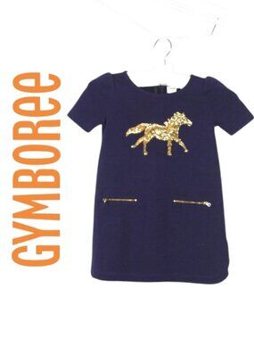 Navy Blue Gymboree Dress with Gold Sequins Horse and Front Pockets Size 4